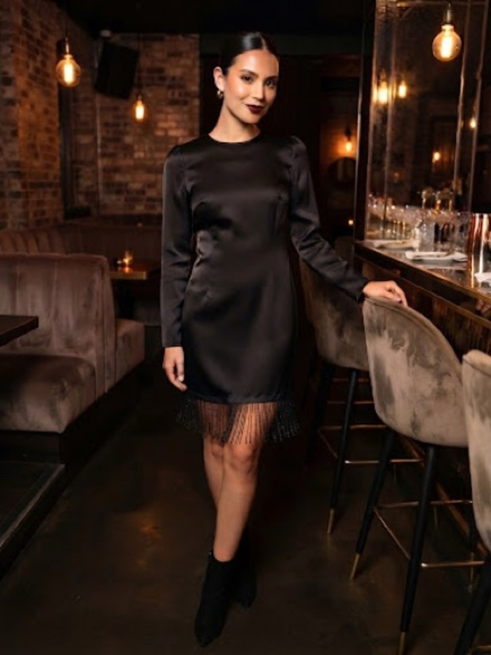 Top shop, black satin, long sleeve mini dress with beaded finge hem